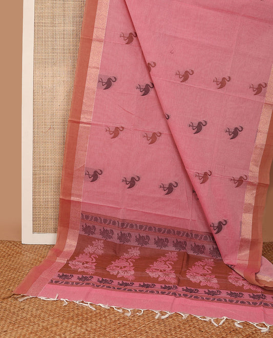 Pink flamingo motif coimbatore cotton saree with contrast zari border & floral design pallu