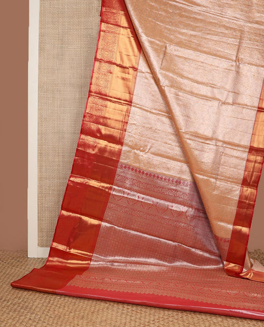 Cantaloupe orange zari jacquard budget silk saree, contrast traditional zari border, and ogee patterned pallu