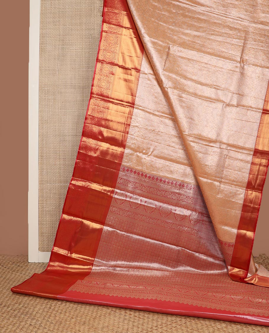 Cantaloupe orange zari jacquard budget silk saree, contrast traditional zari border, and ogee patterned pallu