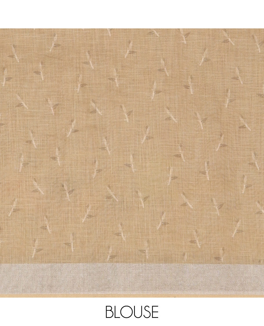 Chikku Linen Cotton Saree, Prettified with Leaf Vine Printed on Its Body, Contrast Bavanji Border, Printed Pallu, and Paired with a Contrast Blouse