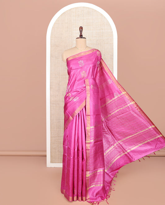 Rani Pink Tussar Silk Saree, Spotlighted with Buttas on Its Body, Piping Border, Pallu Features Zari Checks, and Paired with a Matching Blouse