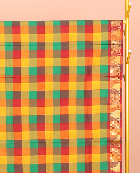 Multi-Color Chettinad Cotton Saree, Delicately Woven with Checks, Highlighted by Temple Border, Striped Pallu, and No Blouse