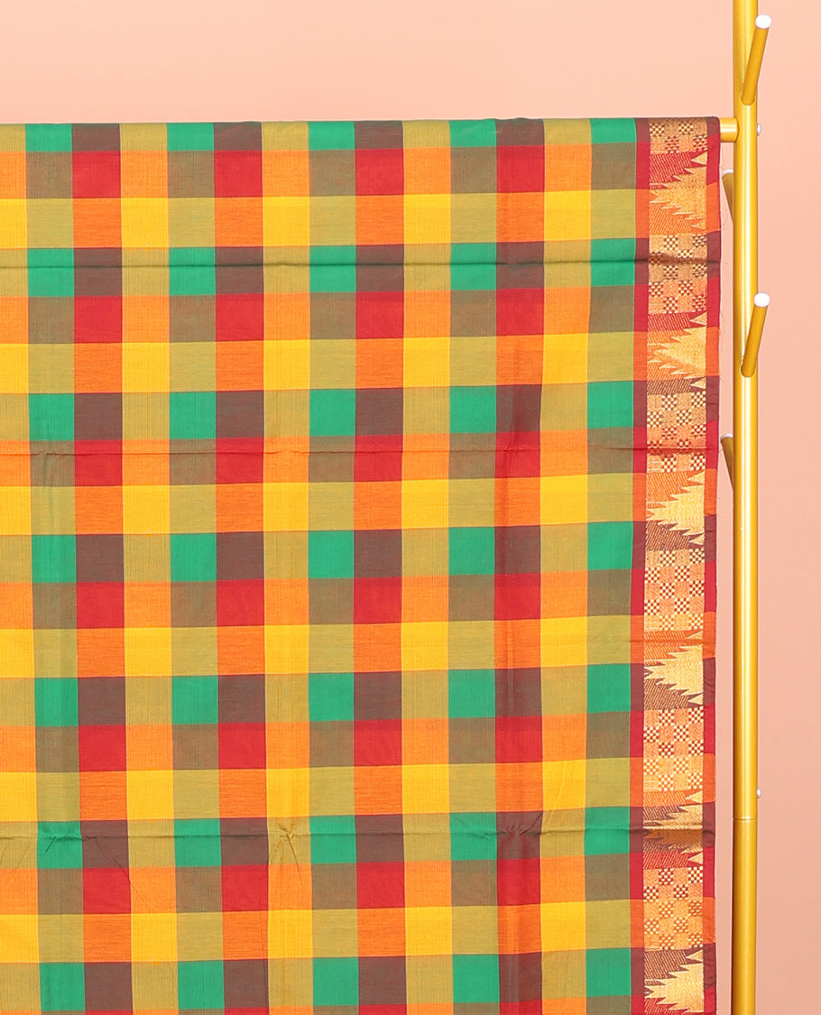 Multi-Color Chettinad Cotton Saree, Delicately Woven with Checks, Highlighted by Temple Border, Striped Pallu, and No Blouse