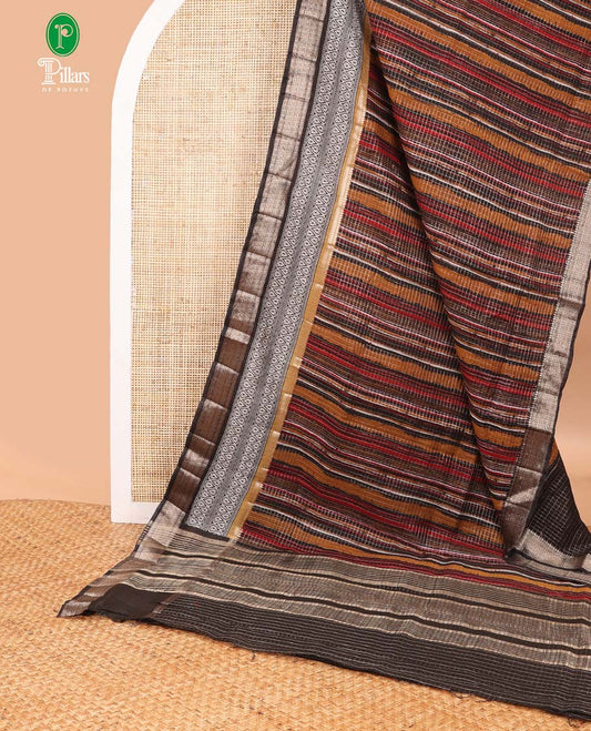 Black geometrical print chanderi cotton saree with block print, zari border  & chit pallu along with checks, zari border blouse