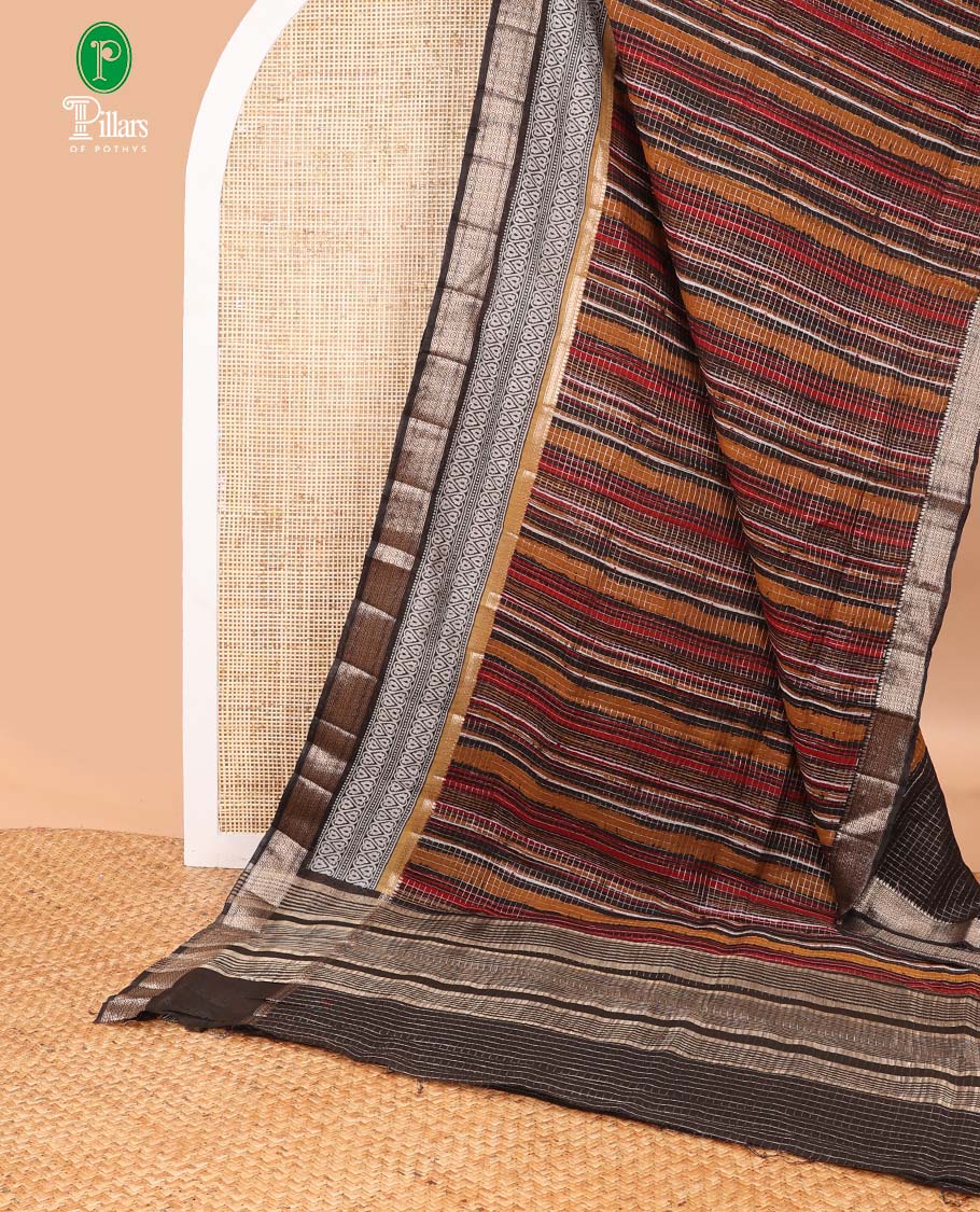 Black geometrical print chanderi cotton saree with block print, zari border  & chit pallu along with checks, zari border blouse
