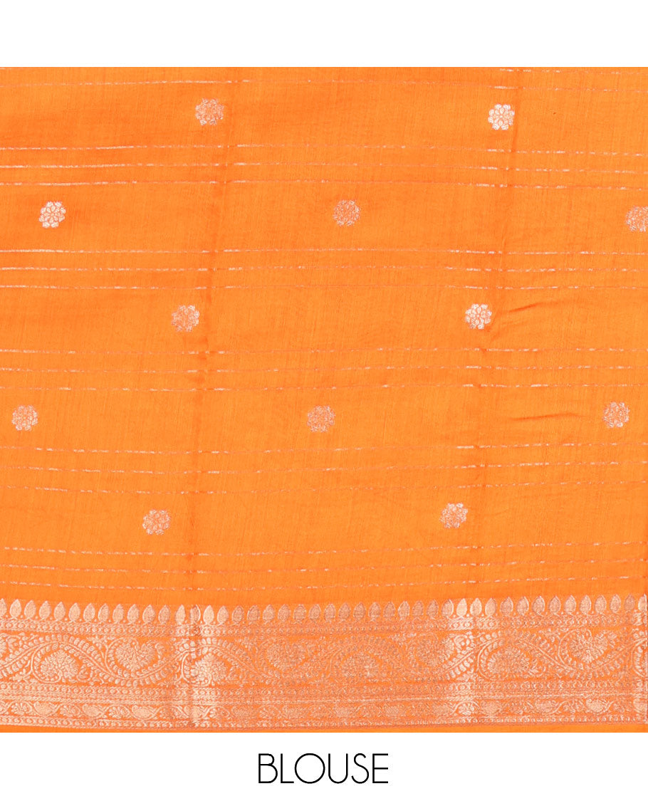 Orange Assam Silk Saree, Dazzled with Zari Buttas and Stripes, Highlighted by a Zari Traditional Woven Border, Zari-Striped Pallu, and a Matching Blouse