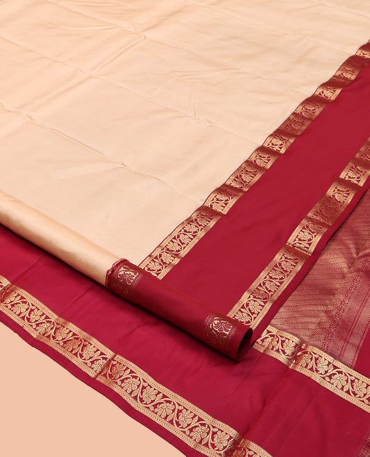 Sandal Plain Kanchipuram Silk Saree, a Contrast Rettai Pettu Border of Kodi Visiry Designs, Intricate Pallu, and a Contrast Blouse