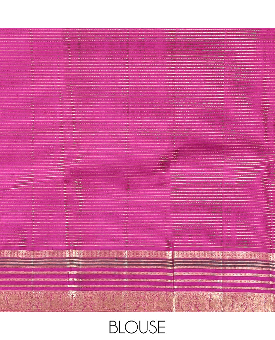 Green-Magenta Vasundhara Silk Saree Features Veldhari and Muthu Stripes, Contrast Border of Muthu,Lavangam,Neli,Mayil Kann, and Mayil, Grand Pallu, and Contrast Blouse
