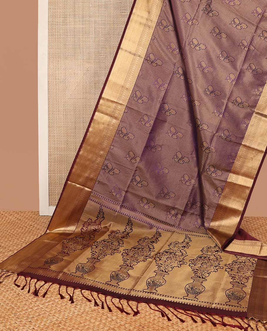 Violet checked, motifs soft silk saree with self zari design border & floral design pallu