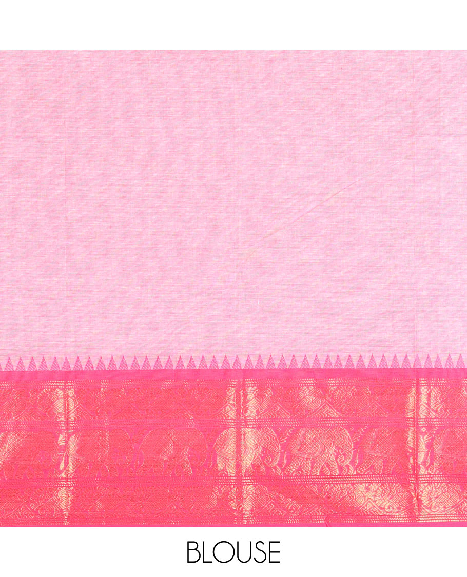 Pink Plain Chettinad Cotton Saree, Complemented by Contrast Temple Traditional Zari Border of Peacock and Elephant Designs, Subtly Striped Pallu, and Paired with a Matching Blouse