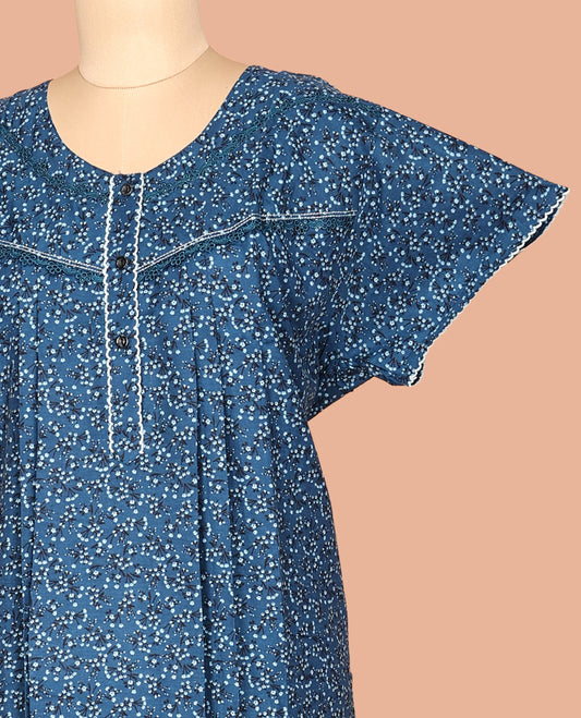 Blue Floral Print Cotton-Blended Nighty