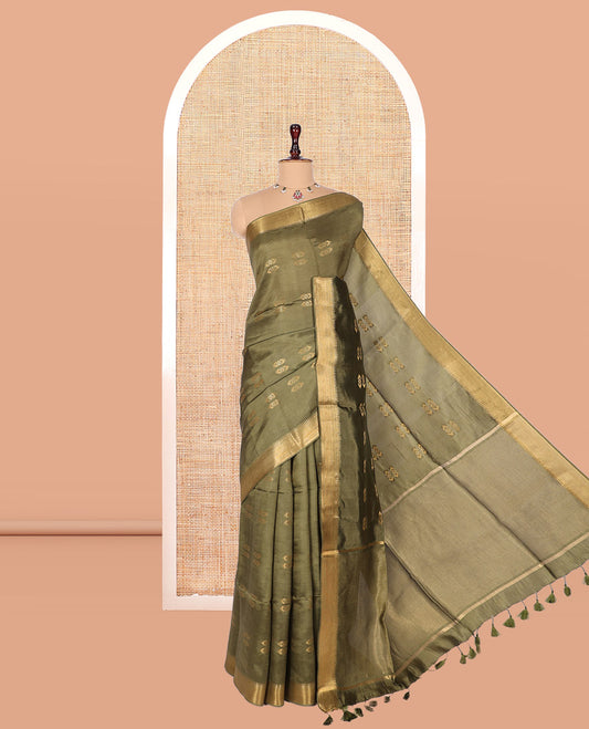 Green Banana Pith Saree, Decorated with Buttas, a Zari Temple Border, Striped Pallu, and Matching Blouse