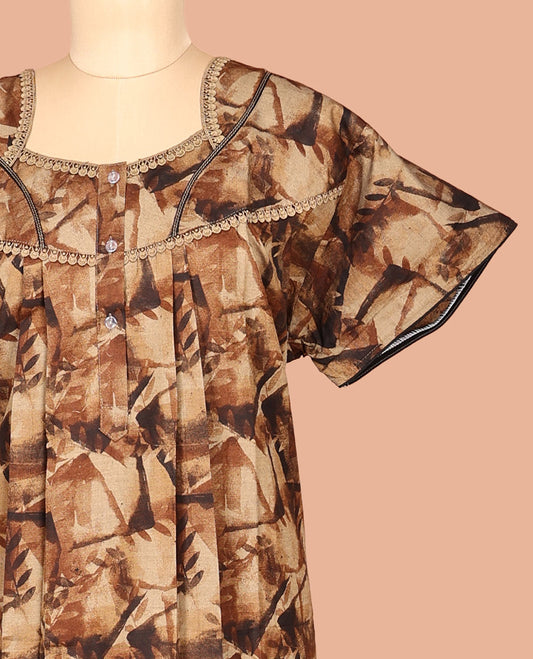 Pale Brown Abstract Print Cotton-Blended Nighty