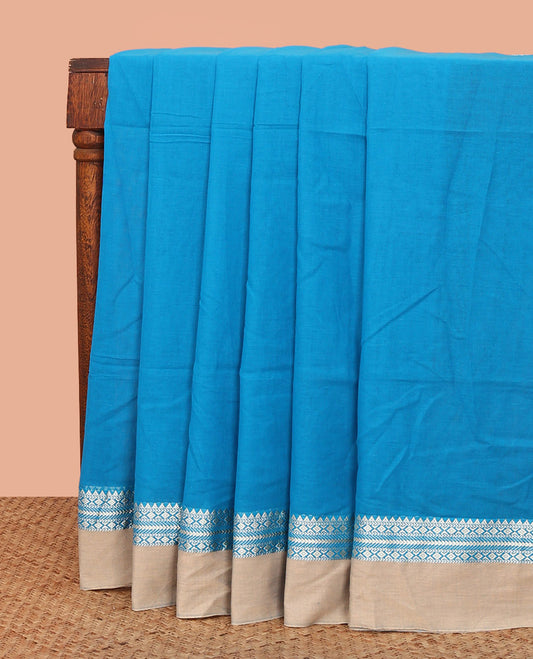 Blue Plain Khadi Cotton Saree, Complemented by a Contrast Traditional Motifs Thread Woven Border, Striped Pallu, and Comes Without a Blouse