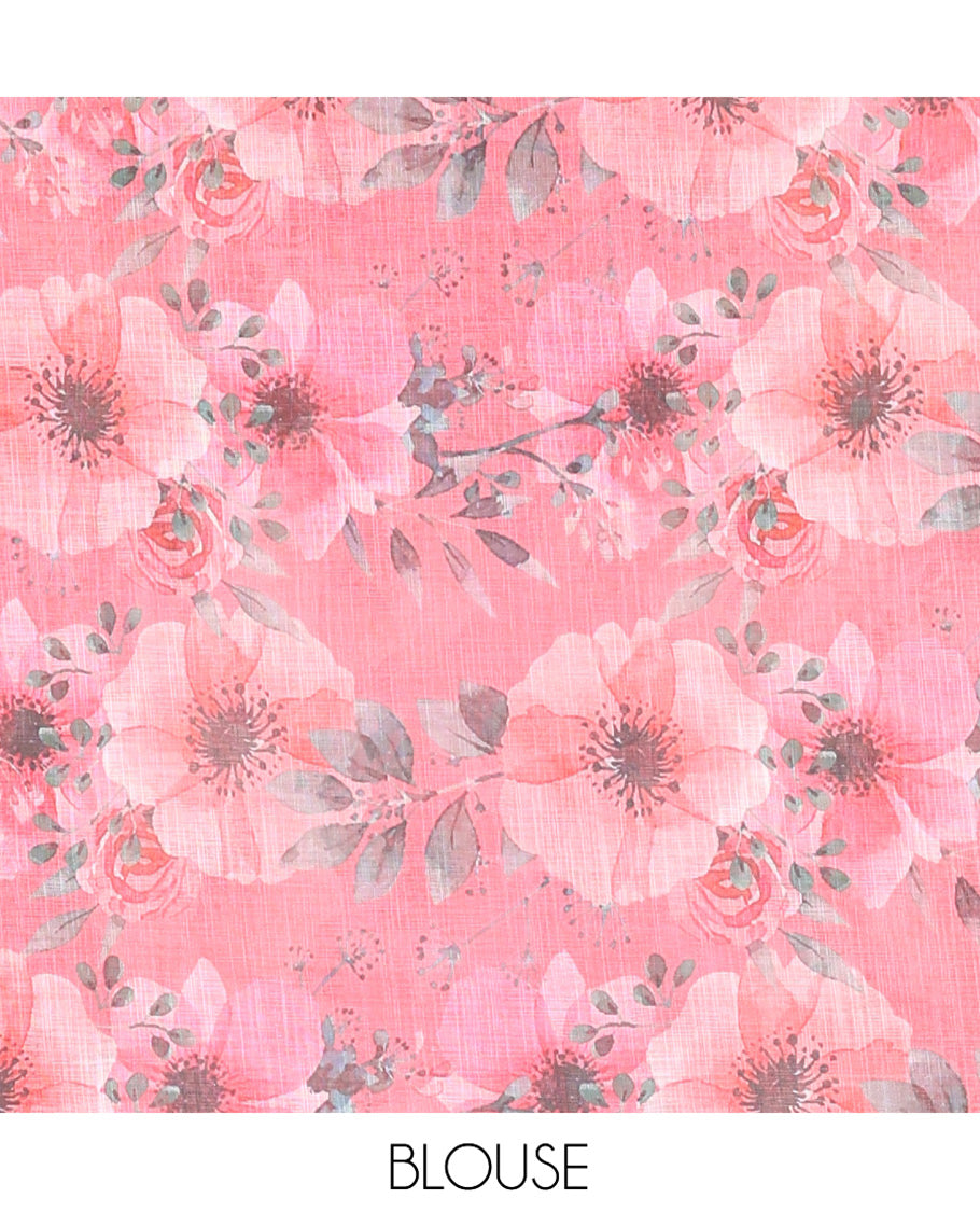 Pink Linen Cotton Saree, Subtly Sparkled With Vertical Stripes, and Floral Motifs Print, A Subtle Piping Border, Floral Printed Pallu and a Matching Blouse