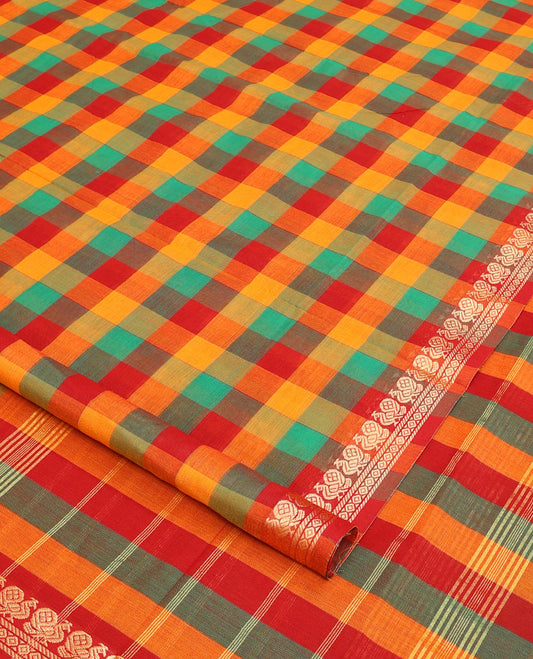 Multi-color checked nine-yard cotton saree, traditional design border, and pallu of stripes