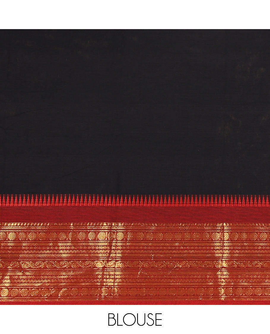 Black Plain Chettinad Cotton Saree, Complemented by a Contrast Traditional Zari Design Woven Border of Rudraksham Designs, Subtly Striped Pallu, and Paired with a Matching Blouse