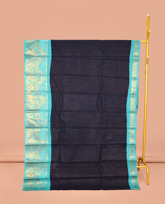 Navy Blue Sungudi Cotton Saree, Beautifully Bedecked with Zari Checks on Its Body, Complemented by a Contrast Traditional Zari Border of Peacocks, Zari-Striped Pallu, and Paired with a Contrast Blouse