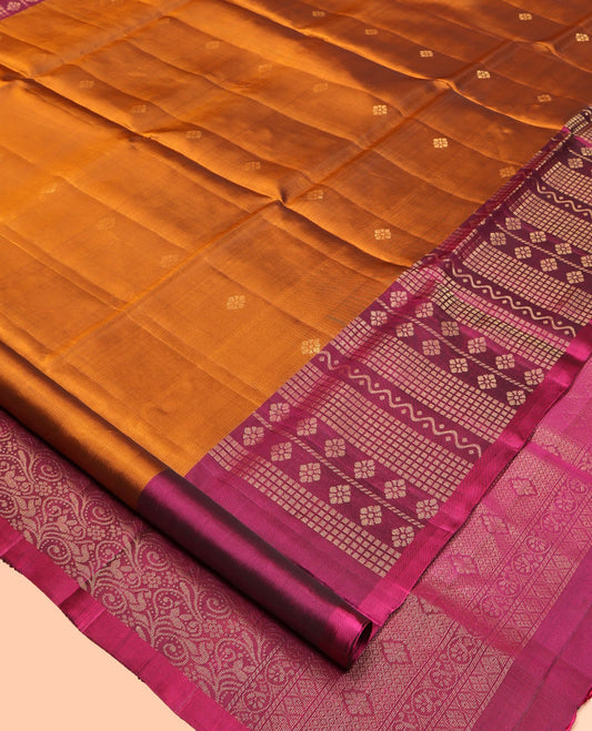 Orange Mayuri Lite Silk Mix Saree, Subtly Sparkled with Zari Buttas, Contrast Floral-Geometric Border, Pallu of Intricate Designs, and a Contrast Blouse
