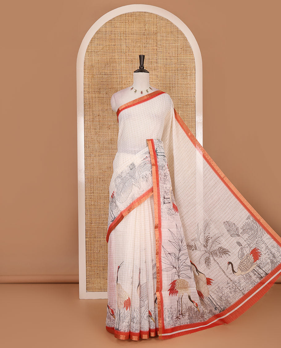 White with orange zari checks linen saree with contrast border and unique designs of pallu along with contrast plain blouse