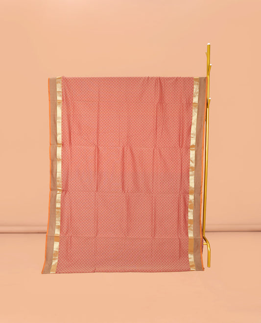 Peach Checked Poly Cotton Saree, Complemented by a Contrast Zari Border, Contrast Striped Pallu, and Paired with a Contrast Blouse