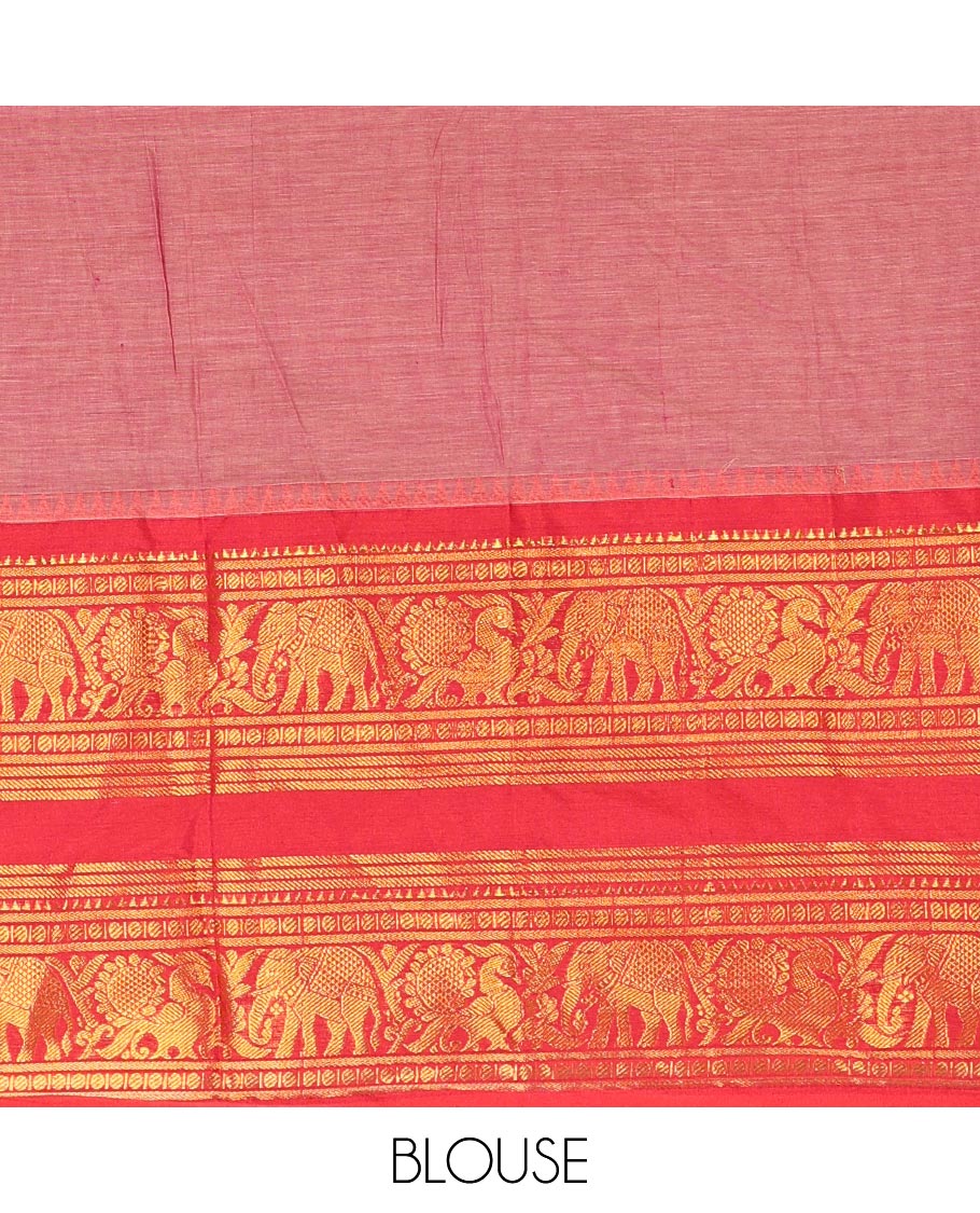 Light Purple Plain Mercerised Cotton Saree Highlighted with a Contrasting Rettai Pettu Border Featuring Peacock and Elephant Motifs in Zari, a Subtly Striped Pallu, and a Matching Blouse