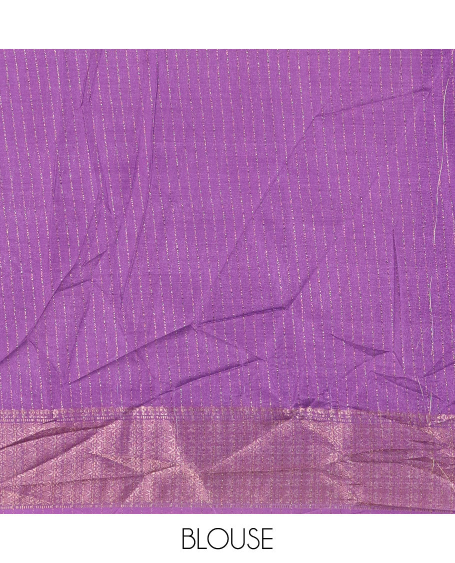 White and Lavender Dola Silk Saree Adorned with Vertical Zari Stripes All Over the Body, Complemented by a Contrast Border of Traditional Zari Designs, Self-Pallu of Stripes, and Paired with a Contrast Blouse