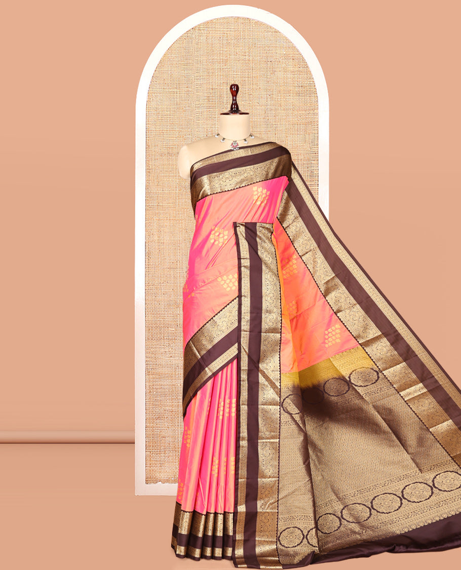 Peach Budget Silk Saree Features Buttas, Contrast Rettai Pettu Border, Grand Pallu, Contrast Blouse