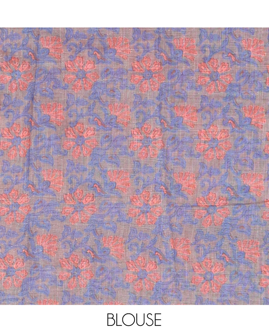 Orange Linen Cotton Saree, Adorned with Shibori Printed on Its Body, Subtle Piping Border, Pallu Features Floral Print, and Paired with a Contrast Floral Printed Blouse