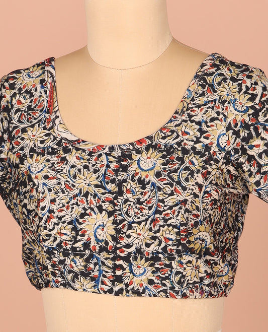 Black Readymade Blouse Decorated with Floral Print, Featuring Front Round-Neck, Back Round Neck, and Puff Sleeves