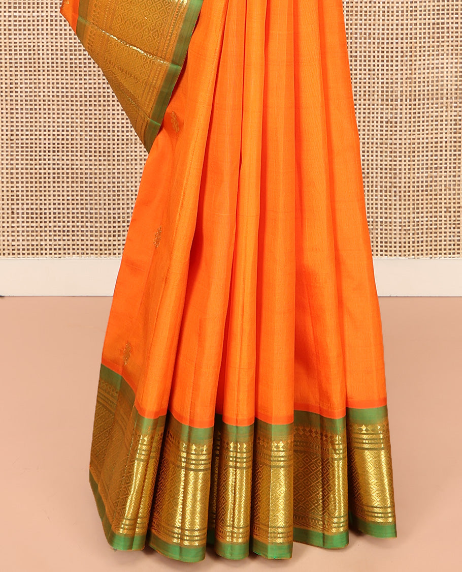 Orange Kanchipuram Silk Saree, Crafted with Zari Buttas, Complemented by a Contrast One-Sided Border of Panner Sombu, Banaras, Muthu and Mayil Kann Designs, Grand Jaal Pallu, and No Blouse