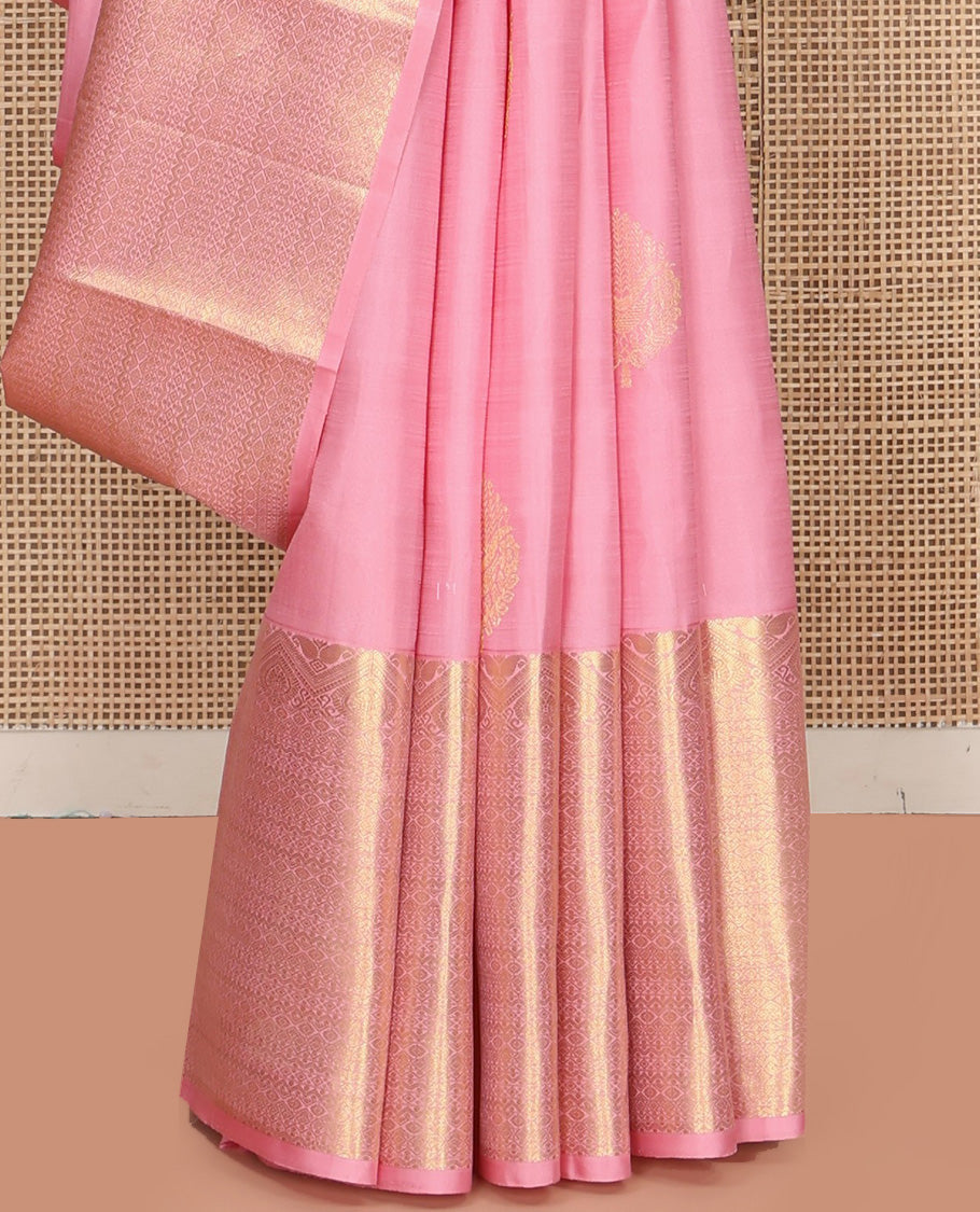 Pink Kanchipuram Silk Saree, Enthralled with Zari Buttas All Over Its Body, Highlighted by a Zari Border of Traditional Designs, Grand Jaal Pallu, and Paired with a Matching Blouse