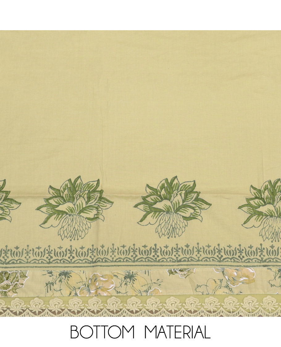 Yellow Cotton Material Churidar Set Features Floral Print and Floral Embroidery Top, Printed Bottom, and Floral Printed Dupatta