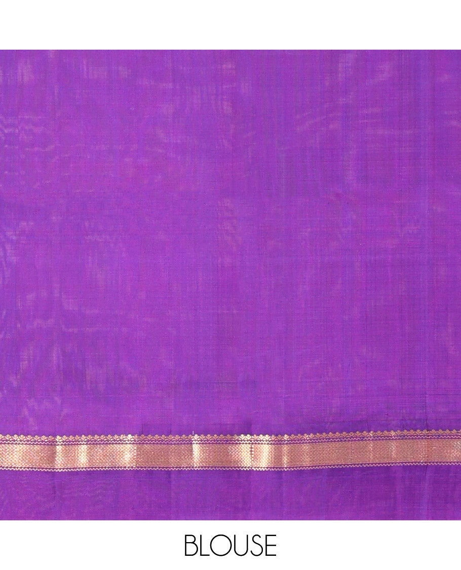 Blue Mayuri Soft Silk Saree Spotlighted with Zari Buttas All Over Its Body, Complemented by Kal Erangina Border of Vanki Designs, Diagonally Woven Pallu and Paired with a Contrast Blouse