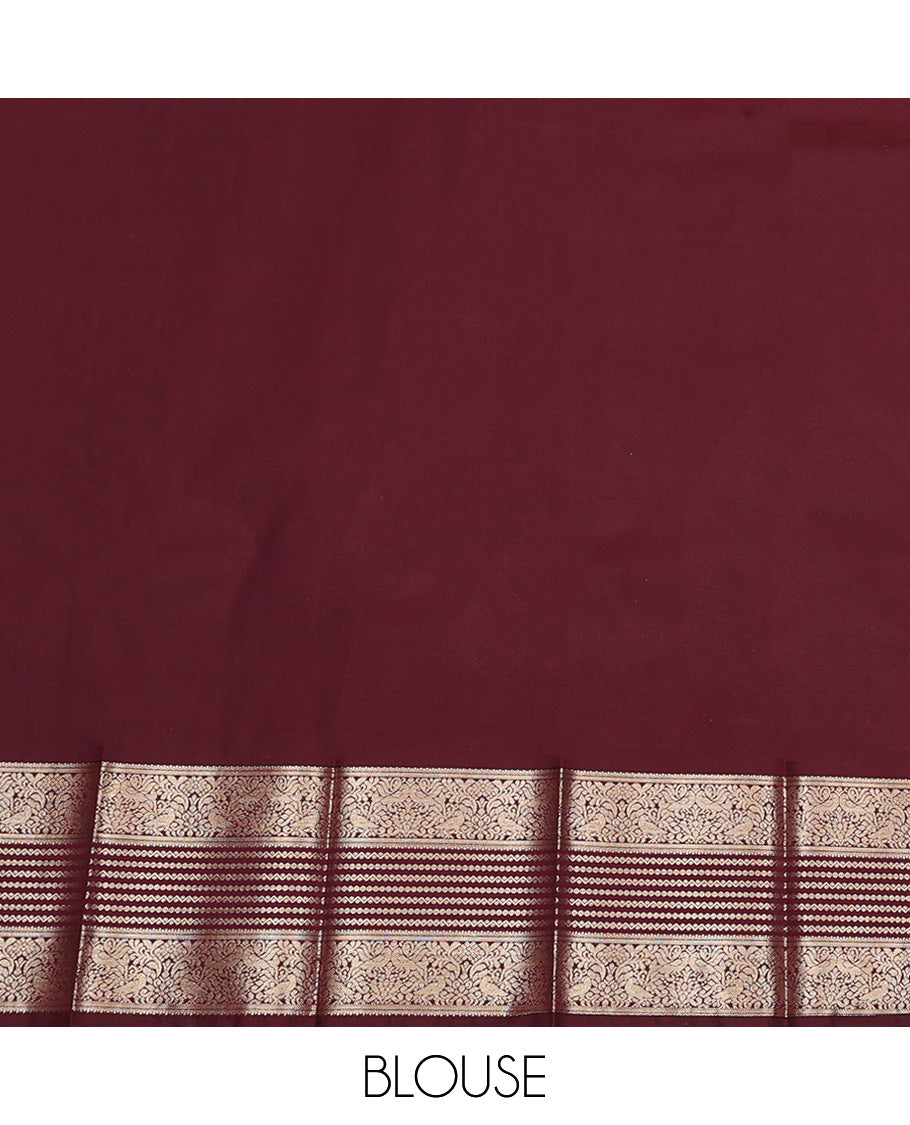 Brown Budget Silk Saree, Beautified with Jhumka Buttas All Over Its Body, Complemented by Contrast Traditional Zari Designs Woven Border, Grand Jaal Pallu and Paired with a Contrast Blouse