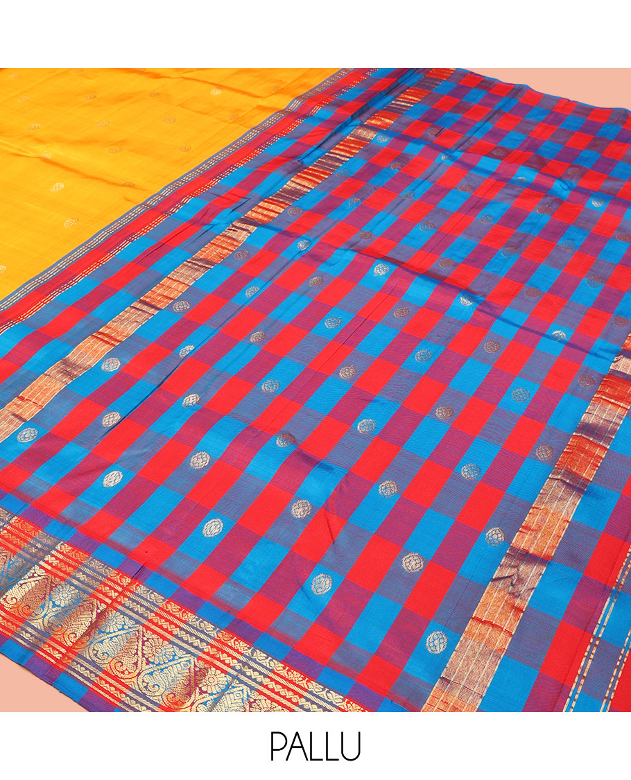 Yellow Kanchipuram Silk Saree, Elevated with Zari Buttas, a Contrast One-Sided Paalum Pazhmum Checked Zari Border, Paalum Pazhmum Checked Pallu, and No Blouse