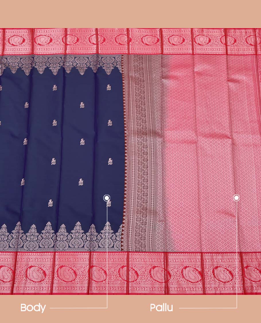 Blue Budget Silk Saree, Subtly Enriched with Zari Buttas on Its Body, Complemented by a Contrast Traditional Zari Design Border, Grand Jaal Pallu, and Paired with a Contrast Blouse