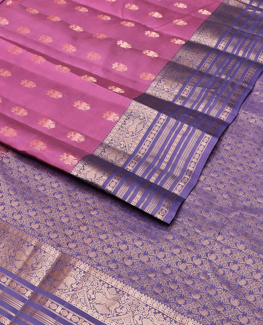 Pink iruthalai pakshi buttas vasundhara silkmix saree, contrast manga enclosed jaal pallu & border of rekku,rudraksham,iruthalai pakshi,muthu,neli & kamalam