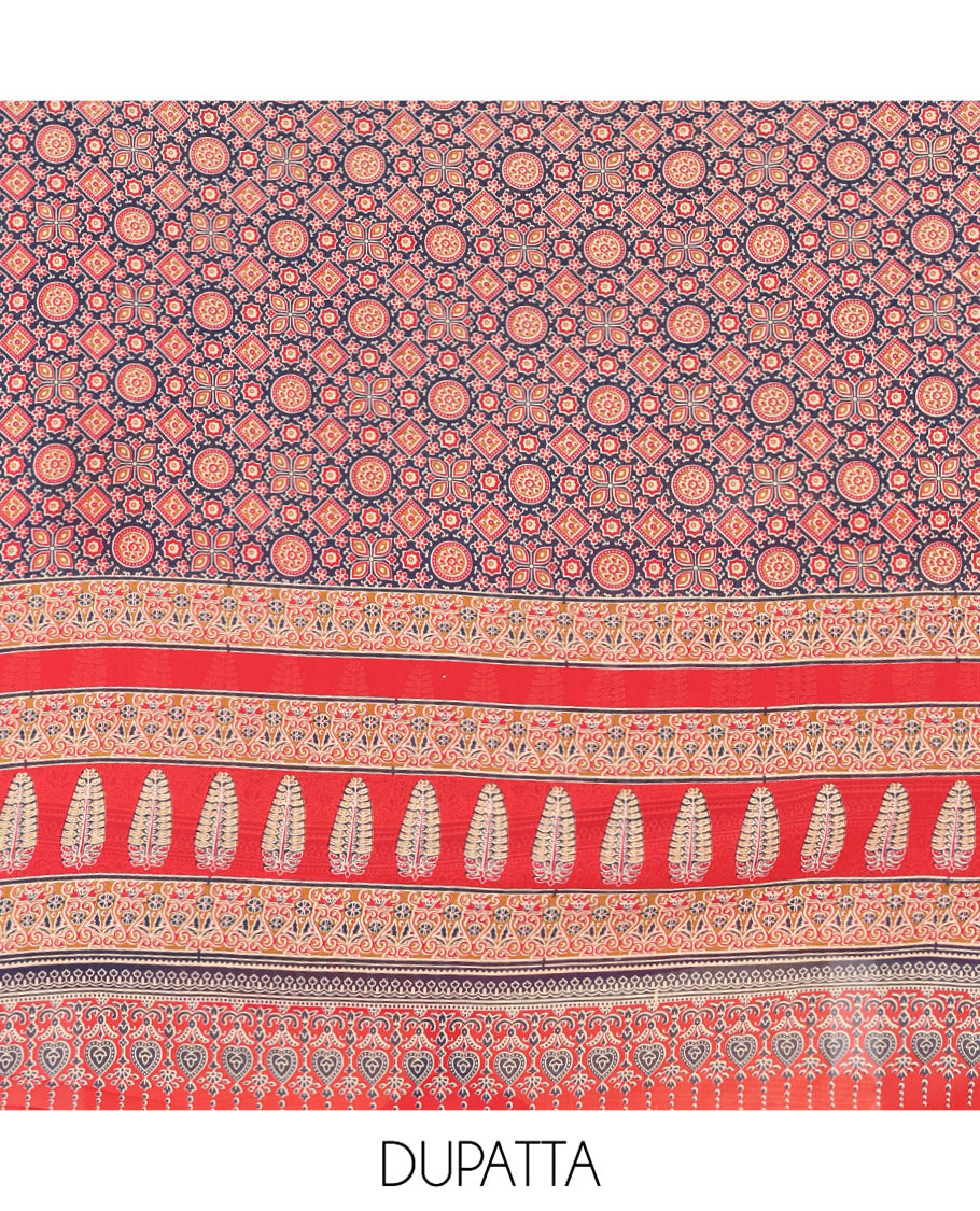 Navy Blue Georgette Material Churidar, Ajrakh Print and Mirror Work Top, a Matching Bottom, and Ajrakh Printed Dupatta