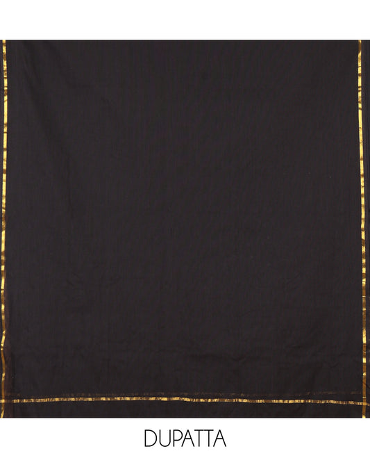 Chikku-Black Cotton Material Churidar Features Butta-Enclosed Checked Top, Contrast Bottom, and Contrast Dupatta