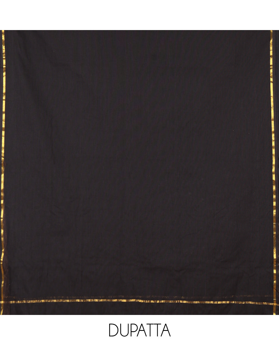 Chikku-Black Cotton Material Churidar Features Butta-Enclosed Checked Top, Contrast Bottom, and Contrast Dupatta