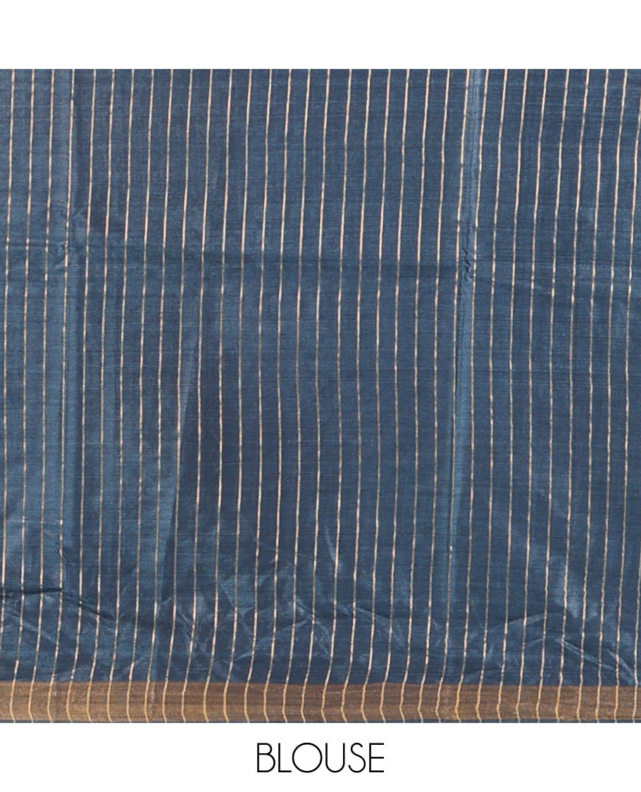 Blue-Grey Tussar Saree, Woven with Buttas, a Piping Border, Floral Vine-Woven Pallu, and a Matching Blouse