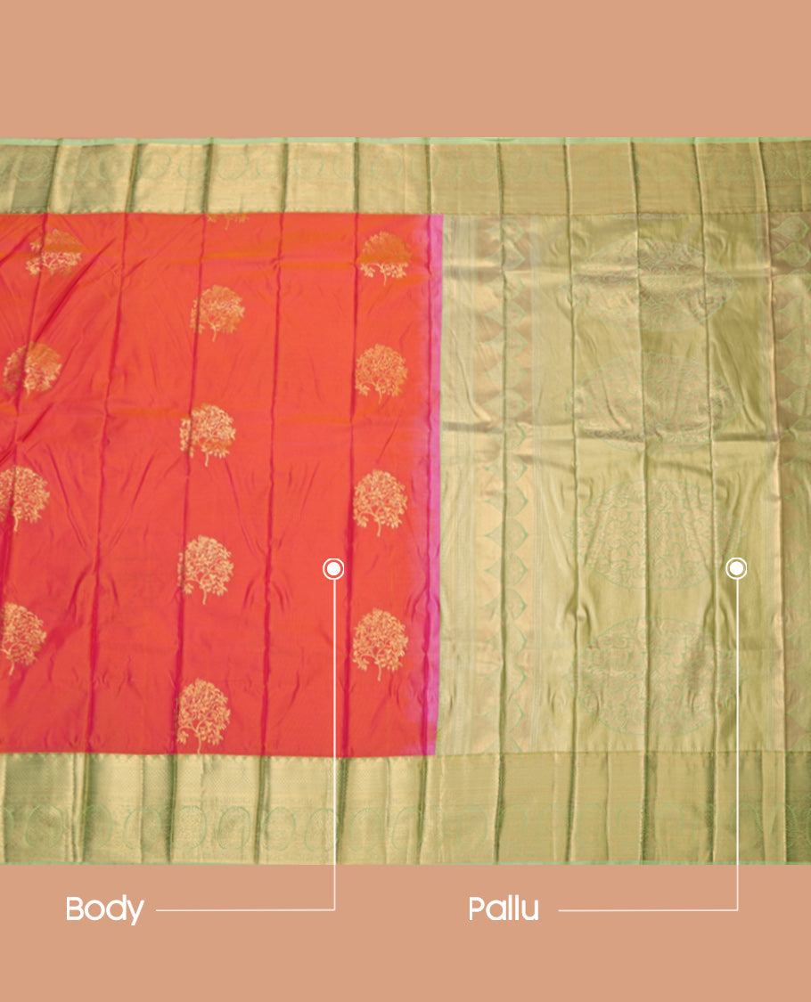 Orange Budget Silk Saree, Beautifully Decked Up with Tree Motifs, Complemented by Contrast Traditional Zari Border, Grand Pallu and Contrast Blouse