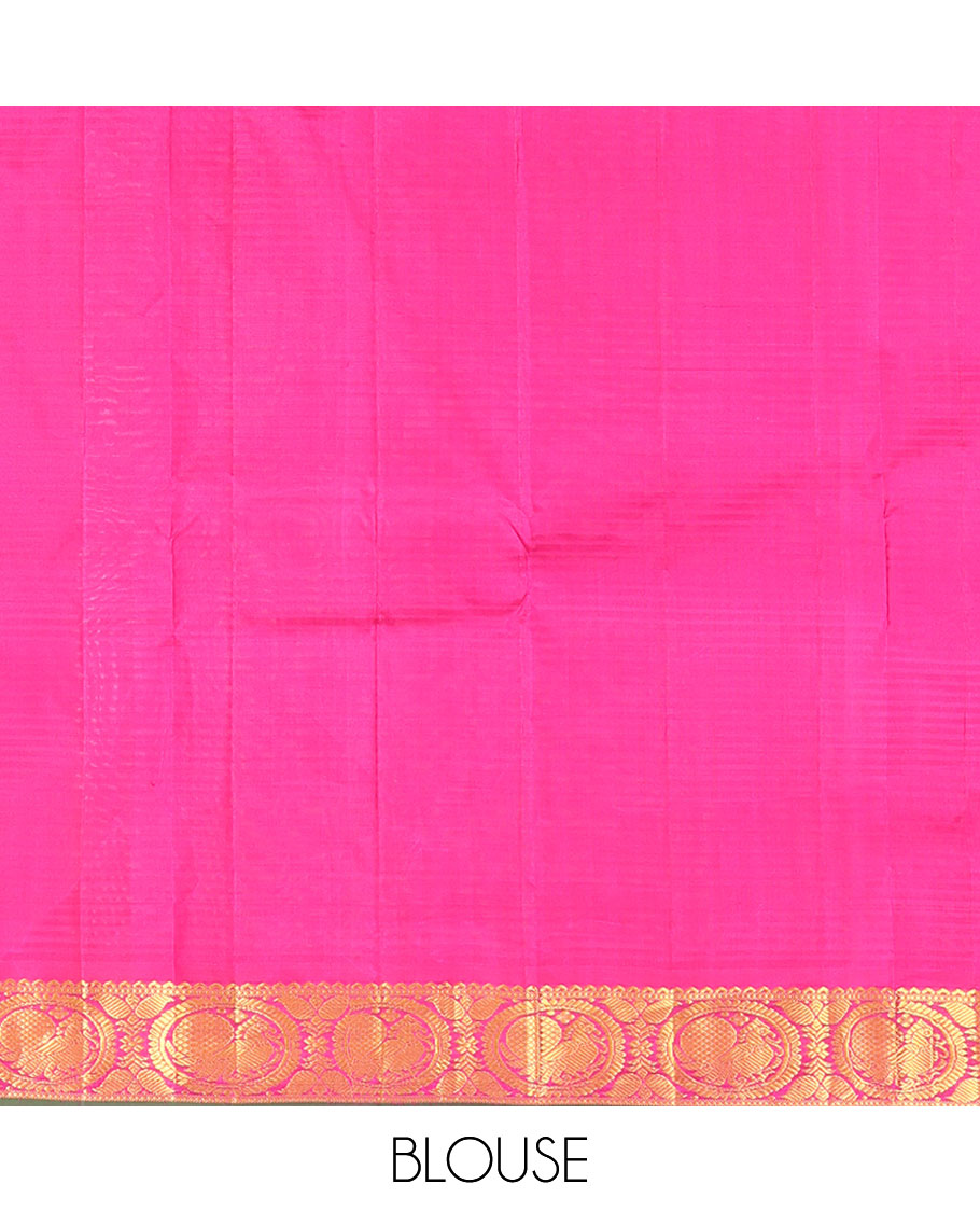 Pink-Violet Kanchipuram Silk Saree, Woven with Vazaipoo Stripes and Zari Buttas, a Contrast Round Mayil Border, Round Mayil Pallu, and a Contrast Blouse