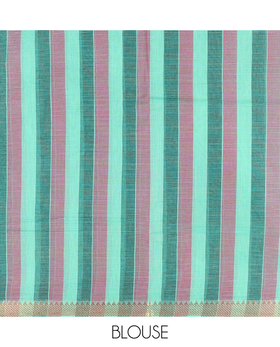 Green Plain Andhra Cotton Saree Featuring Temple Zari Border, Contrast Striped Pallu, and a Contrast Blouse