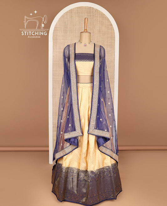Lifgt yellow striped banaras half saree with contrast zari design border ,leaf vine zari design blouse & floral zari design dhavani