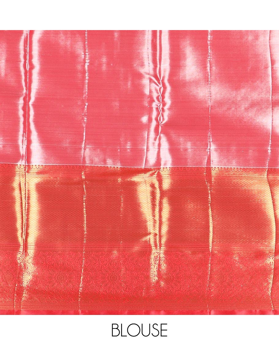 Cantaloupe orange zari jacquard budget silk saree, contrast traditional zari border, and ogee patterned pallu