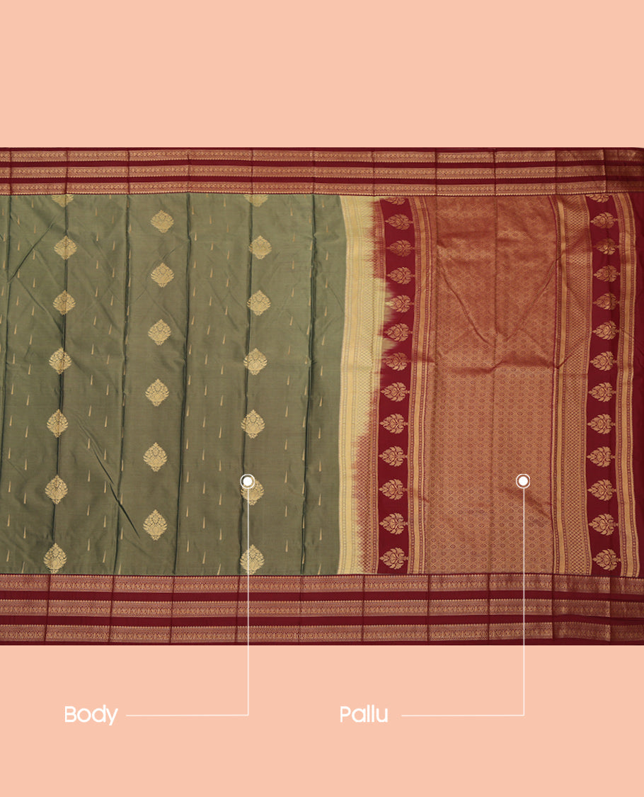 Green Budget Silk Saree, Detailed with Zari Buttas, a Contrast Traditional Zari Border, Jaal Pallu, and a Contrast Blouse