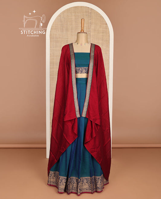 Blue cotton half saree with contrast wedding design border, embroidered blouse & floral design dhavani