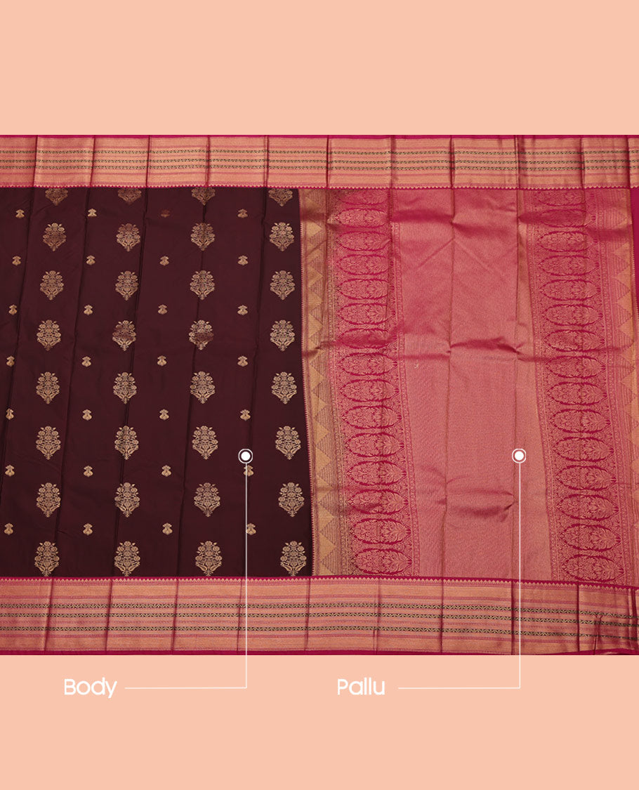 Brown Budget Silk Saree, Opulently Embellished with Zari Buttas All Over Its Body, Complemented by a Contrast Traditional Zari Design Border, Grand Pallu, and Paired with a Contrast Blouse